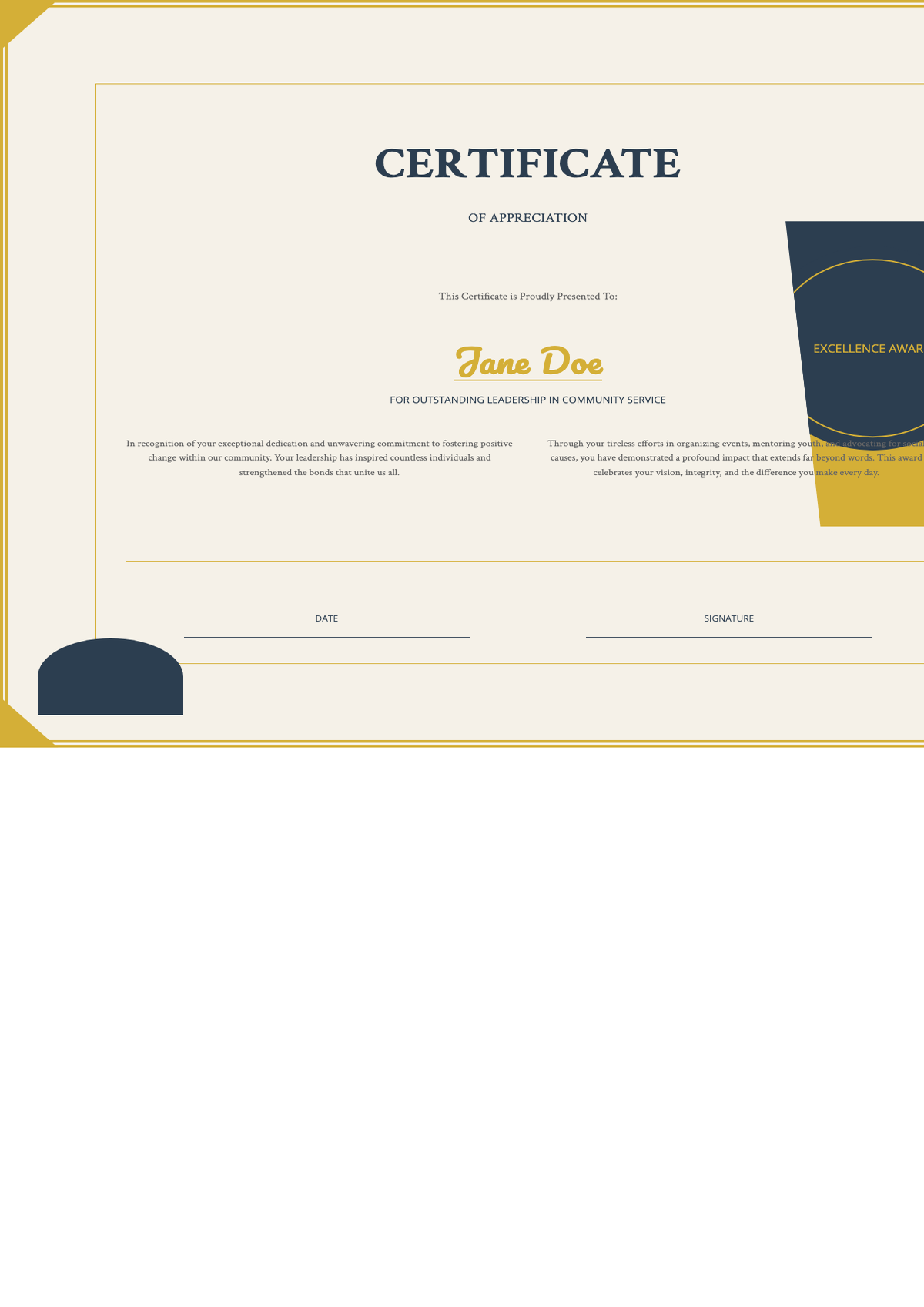 Elegant certificate of appreciation with gold blue ribbon and best award seal_variant_3